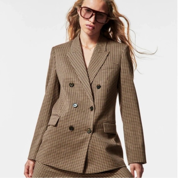 Zara Jackets & Blazers - Zara Textured Brown Check Double Breasted Blazer Jacket Size XS